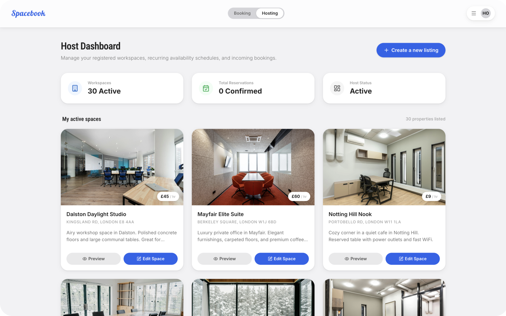 Spacebook Host Dashboard Overview