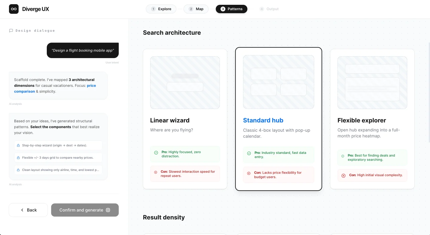 Diverge UX Pattern Comparison Screen
