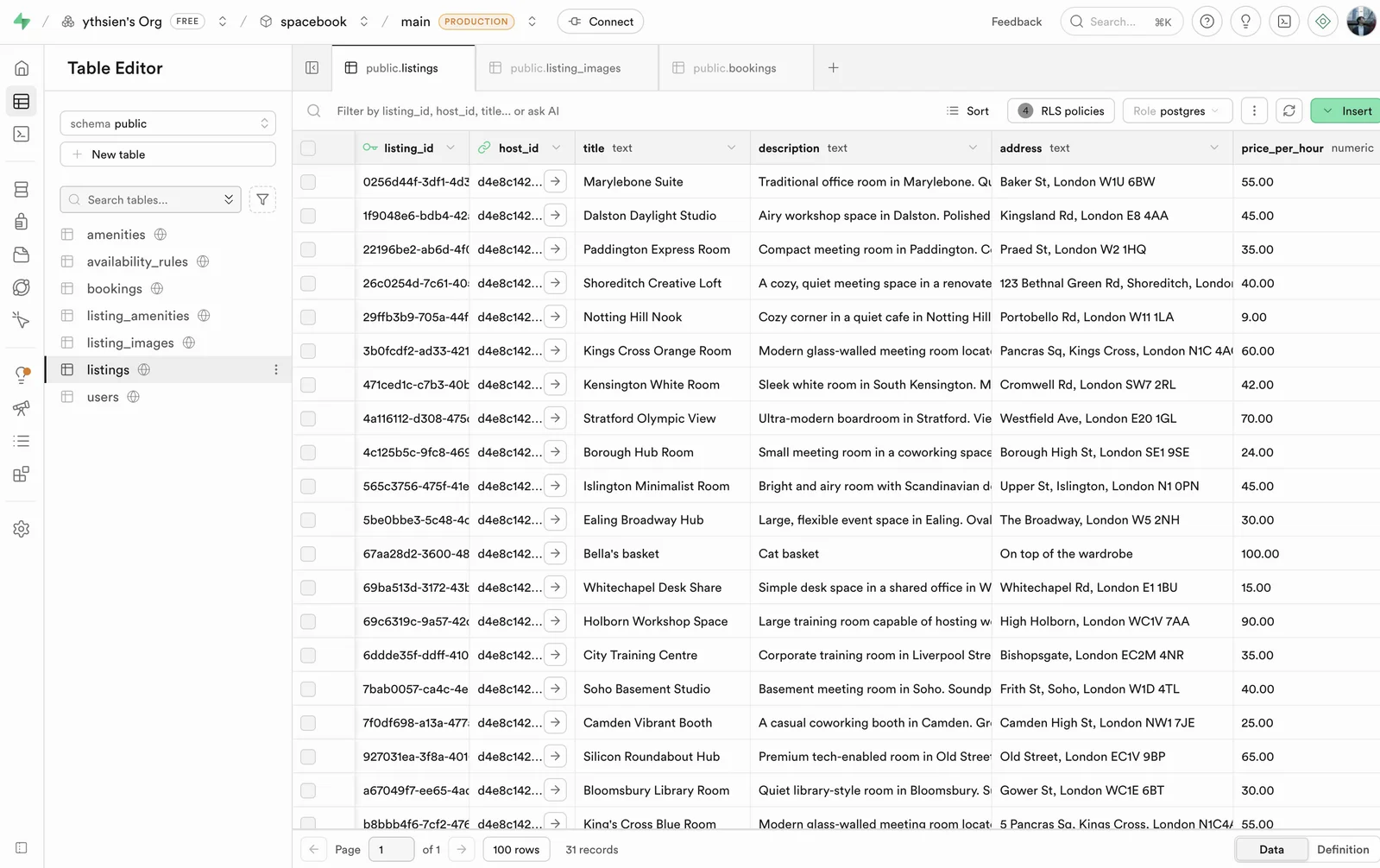 Supabase Tables for Listing Details